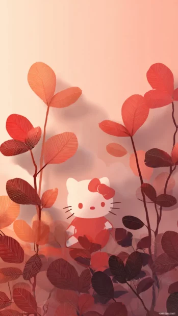 Hello Kitty fall aesthetic wallpaper iPhone layout blending minimalist leaf silhouettes with Kitty silhouette.