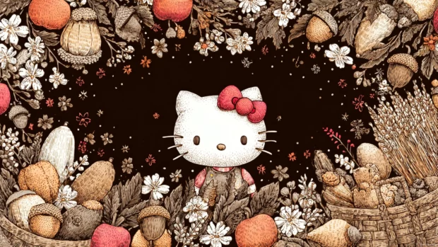 Hello Kitty fall background with kawaii cornucopia of squash acorns and blossoms framing Hello Kitty in center.