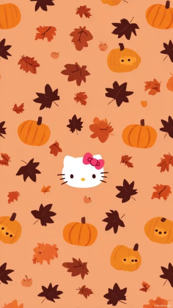 Hello Kitty fall pattern wallpaper iPhone scene presenting repeating leaf and pumpkin icons surrounding tiny Kitty face.