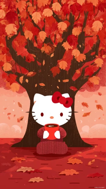Hello Kitty holding a cup of hot chocolate while sitting under a big fall tree.