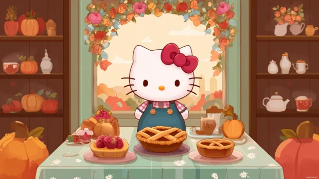 Hello Kitty holiday Thanksgiving wallpaper depicting Kitty at a cozy table with pies and autumn garland.