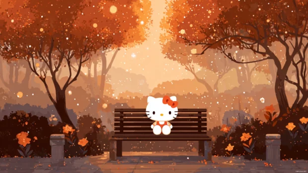 Hello Kitty sitting on a bench surrounded by fall scenery with glowing orange trees.