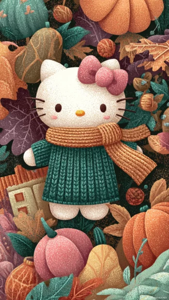 Hello Kitty surrounded by fall decorations with pumpkins, leaves, and cozy autumn vibes.