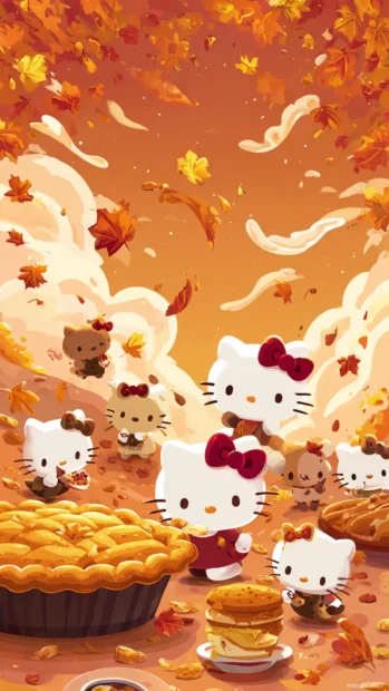 Hello Kitty thanksgiving wallpaper iPhone showing Kitty and friends sharing pie under swirling fall leaves.