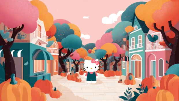 Hello Kitty walking through a charming fall village with pumpkins and vibrant trees.