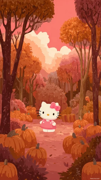 Hello Kitty walking through a park filled with pumpkins and glowing fall colors.