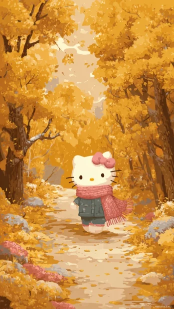 Hello Kitty wearing a cozy scarf and walking along a fall pathway filled with golden foliage.
