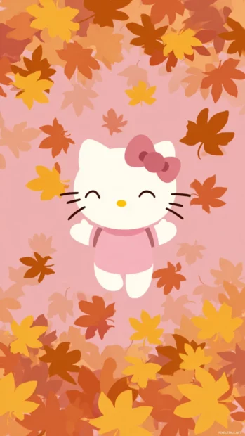 Hello kitty fall leaves wallpaper iPhone layout portraying falling autumn leaves dancing around smiling Kitty.