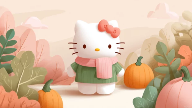 Hello kitty fall wallpaper with pumpkin patch and waving Hello Kitty character in cozy scarf.