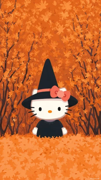 Hello kitty halloween fall wallpaper iPhone version showing Kitty in witch hat among orange leaves.