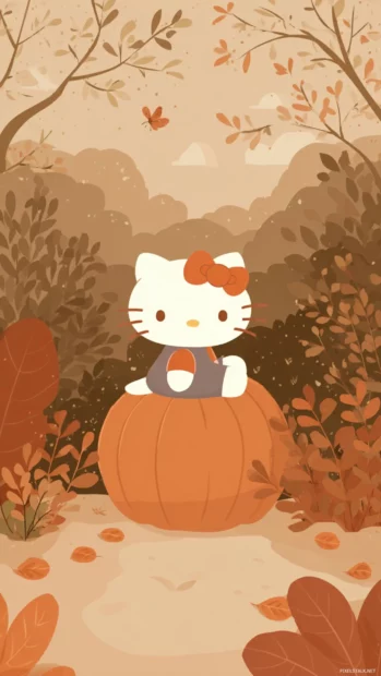 Hello kitty pumpkin wallpaper iPhone version showing Kitty perched on carved pumpkin surrounded by autumn foliage.
