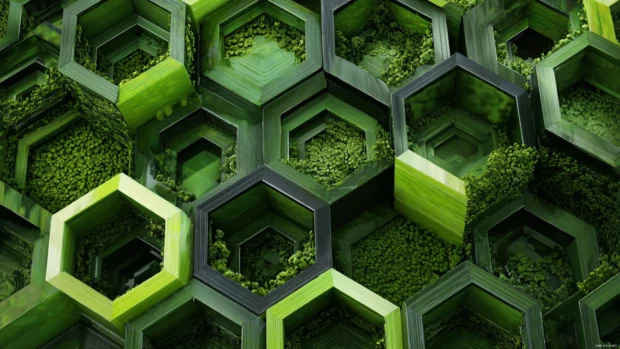 Hexagonal Green Geometric patterns stacked in 3D layers creating depth and symmetry.