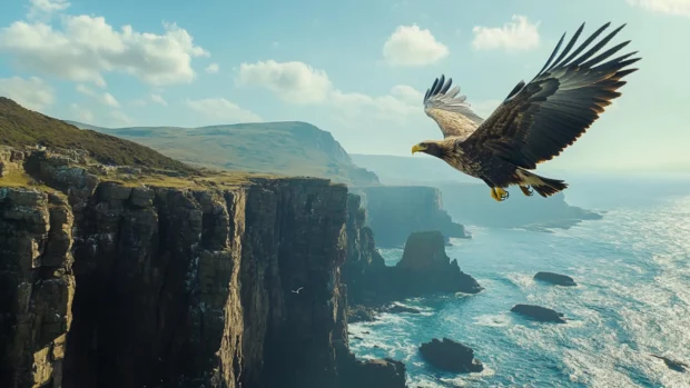 High above coastal cliffs, an eagle rides the updrafts in silence.