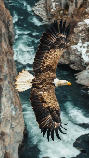 High angle eagle diving toward the river from sky height.