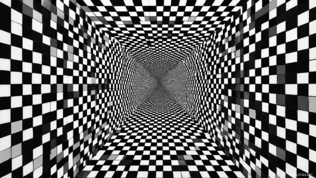 High contrast black and white Geometric arrangement forming hypnotic symmetry.