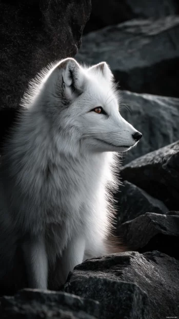 High contrast photo of an Arctic Fox with bright white fur against dark rocks, dramatic visual balance.