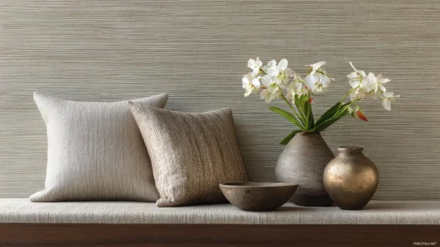 High end wallpaper design with raised grasscloth texture and subtle emboss layers in neutral taupe palette.
