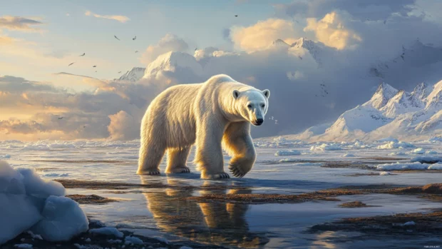 High resolution polar bear wallpaper capturing a polar bear walking through the Arctic tundra in crisp detail.
