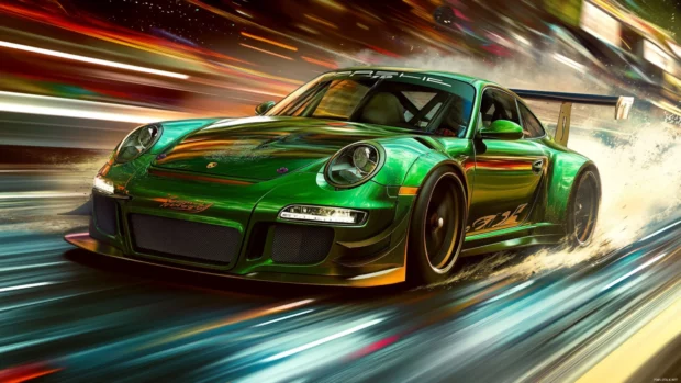 High speed Porsche 911 gt3 rs wallpaper blended with automotive masterpiece.