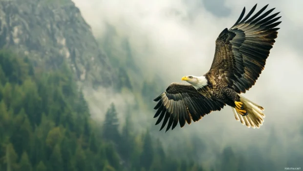 High speed flight of an American eagle through mountain fog.