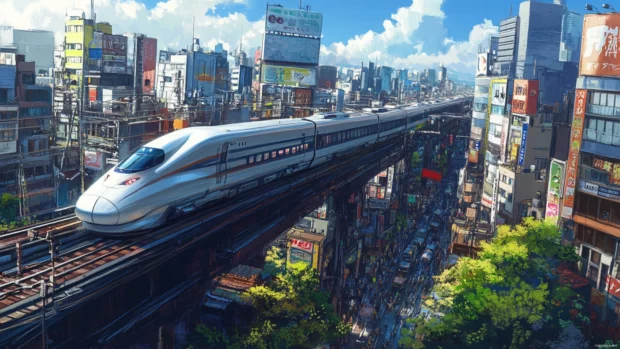 High speed trains race through Tokyo blending futuristic architecture with traditional charm.