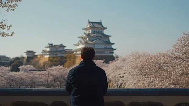 Himeji Castle in Japan standing elegantly under a blanket of cherry blossoms on a clear spring day.