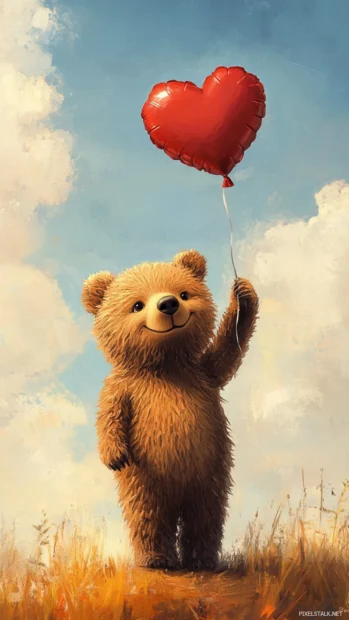 Holding a heart shaped balloon and smiling sweetly, this cute brown bear creates the perfect scene for a cute brown bear wallpaper for iPhone.