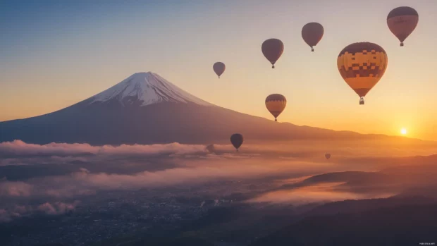 Hot air balloons floating gracefully over Mount Fuji at sunrise creating a magical atmosphere.