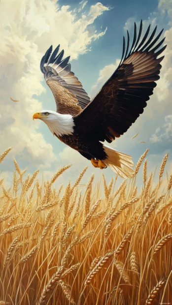 Hovering above wheat fields, the Eagle becomes part of the landscape.