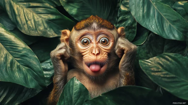 Humorous monkey wallpaper showing a playful monkey making silly faces surrounded by jungle leaves.