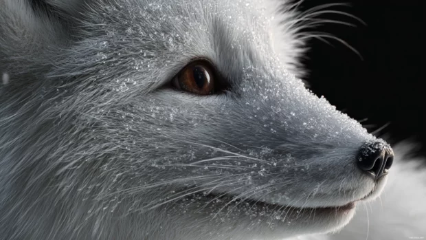 Hyperrealistic Arctic Fox captured with fine fur detail, frosty nose and crystal snow texture, studio style lighting.