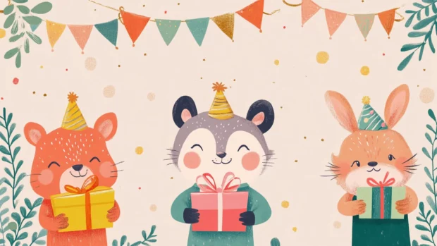 Illustrated birthday wallpaper with cheerful animals holding gifts.