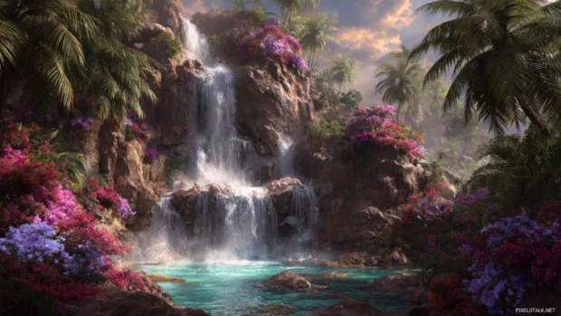 Immersive waterfall HD backgrounds featuring multi layered cascades framed by tropical flowers and towering palm trees.