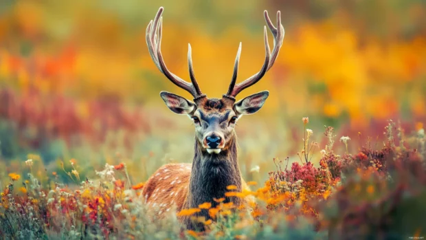 In a colorful meadow, a cool deer with stylish antlers looks toward the camera.