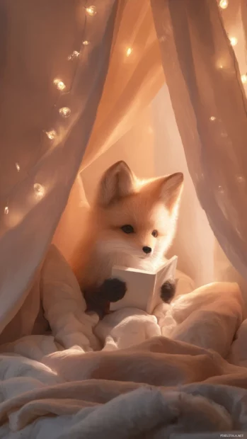 In a cozy reading nook, a Cute Fox holds a tiny book, fairy lights glowing above, soft shadows and gentle warmth.