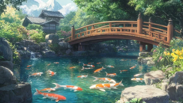 In a cute japan anime garden, pastel koi fish glide gently through clear water under stone bridges.