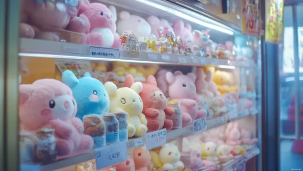 In a cute japan anime shop window, pastel plushies line the shelves next to tiny trinkets.