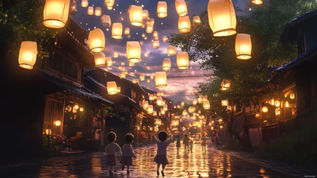 In a cute japan pastel village, children skip through streets filled with floating paper lanterns.