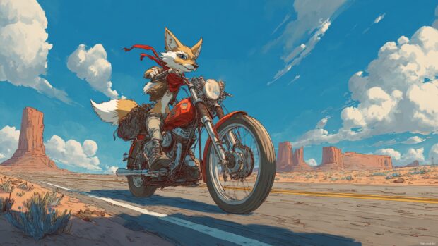 In a desert highway scene, a Cool Fox rides a custom motorcycle, wind blowing through fur, bold and free spirit.
