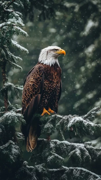 In a forest of evergreens, an Eagle perches in perfect balance.