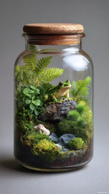 In a jar terrarium, a Cute Frog sits happily on a rock with ferns growing around, cozy miniature scene.