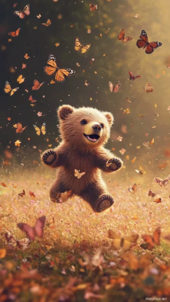 In a lively field of butterflies, a playful brown bear cub chases happily, great for a brown bear wallpaper for kids room.