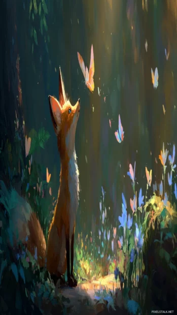 In a magical forest clearing, a Cute Fox plays with butterflies, whimsical colors and delicate sunlight, fairy tale mood.