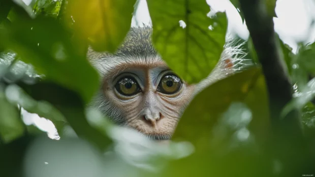 In a misty morning scene, a curious monkey peeks through the thick leaves.