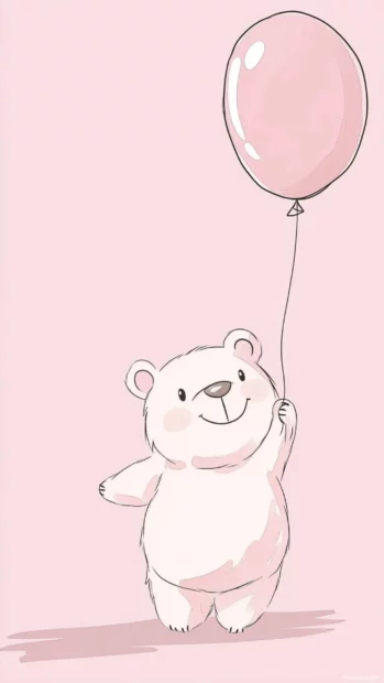 In a pastel pink background, a smiling cartoon bear holds a balloon, perfect for a cute bear iPhone wallpaper.