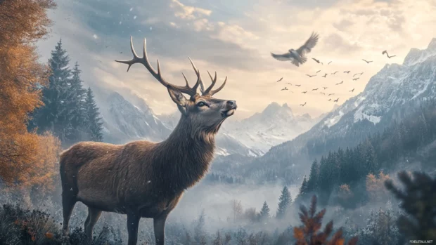 In a peaceful valley, a cool deer looks upward as birds fly overhead.