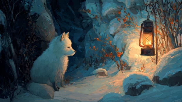In a remote frozen forest, an Arctic Fox stares curiously at a glowing lantern, magical and quiet winter night.