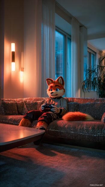 In a sleek apartment, Cool Fox lounges on a designer couch with ambient lighting, holding a gaming controller.