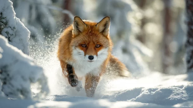 In a snow covered pine forest, a Red Fox dashes through fresh powder, motion blur, vibrant winter light, majestic and vivid detail.
