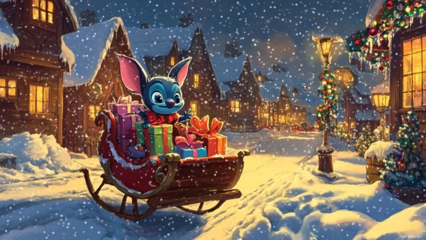 In a snowy village, Stitch pulls a sleigh filled with colorful presents.